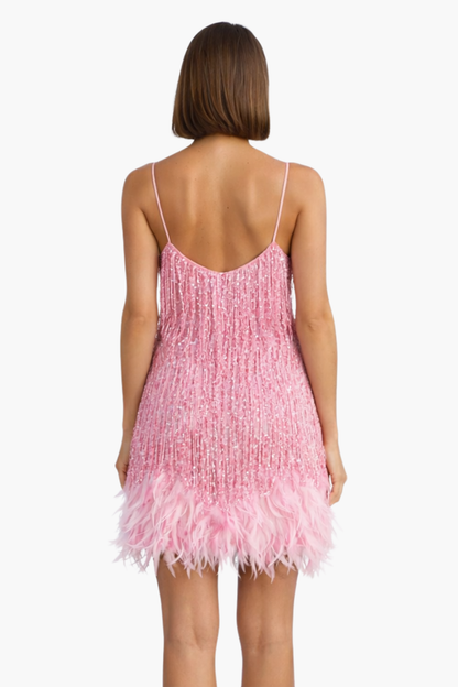 Robe mini femme scintillante à franges – Robe de soirée à sequins avec plumes