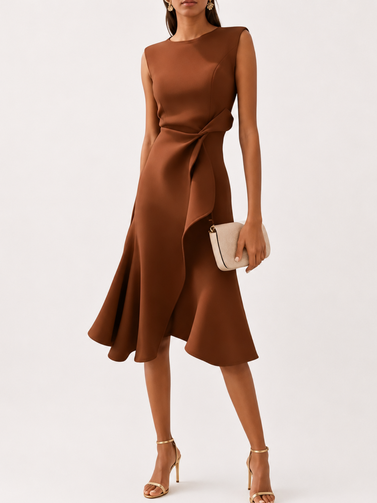 Robe Midi Femme Satinée Drapée – Sans Manches & Évasée | Cérémonie & Invitée Mariage Chic