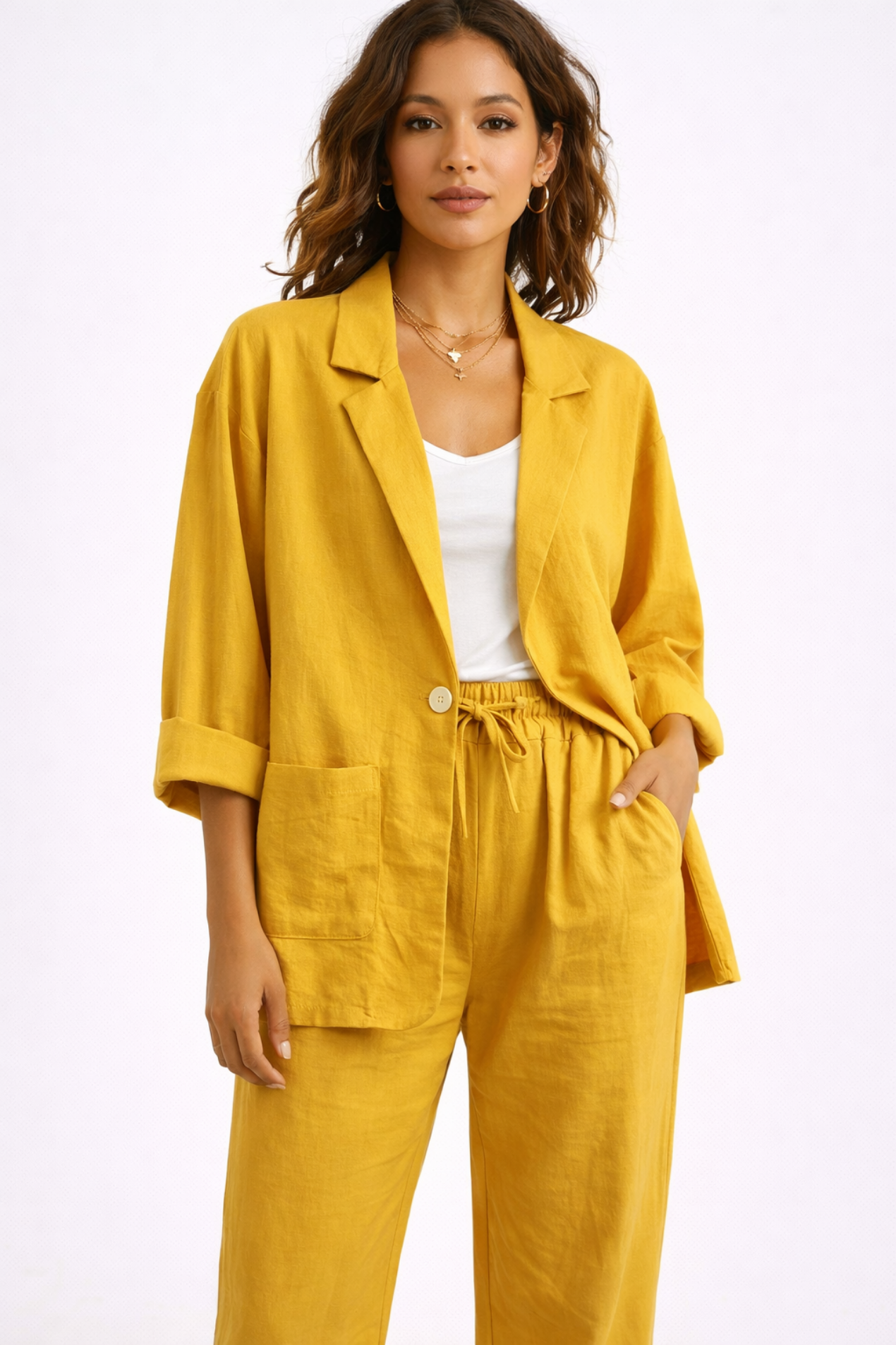 Ensemble Tailleur Femme Lin Blazer & Pantalon – Tenue Bureau Élégante | Invitée de Mariage & Style Été