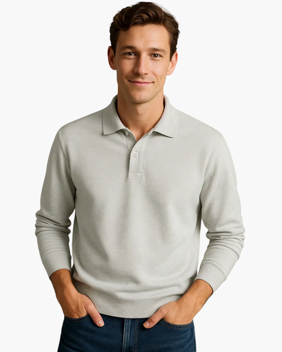 Polo à Manches Longues Old Money pour Homme – Gris Clair avec Col et Boutons