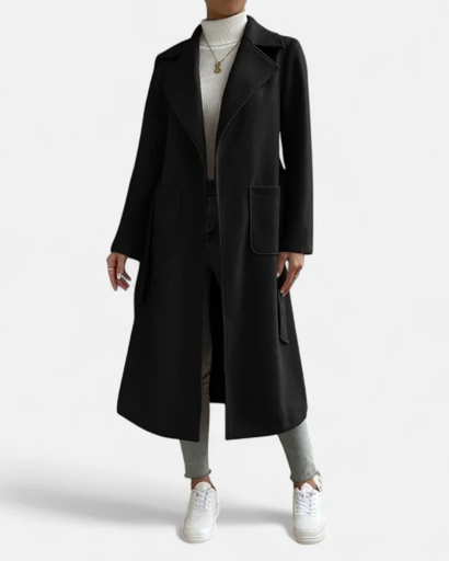 Trench Long Femme – Manteau Élégant avec Col Revers et Poches Latérales