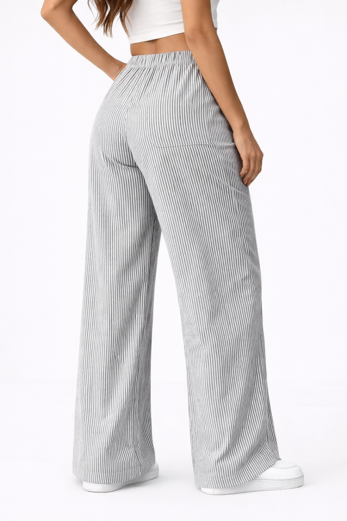 Pantalon femme rayé gris, vue de dos