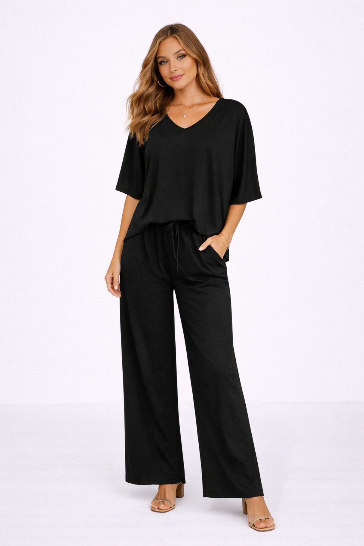 Ensemble Femme 2 Pièces Haut Col V & Pantalon Large Fluide – Tenue Élégante | Invitée de Mariage