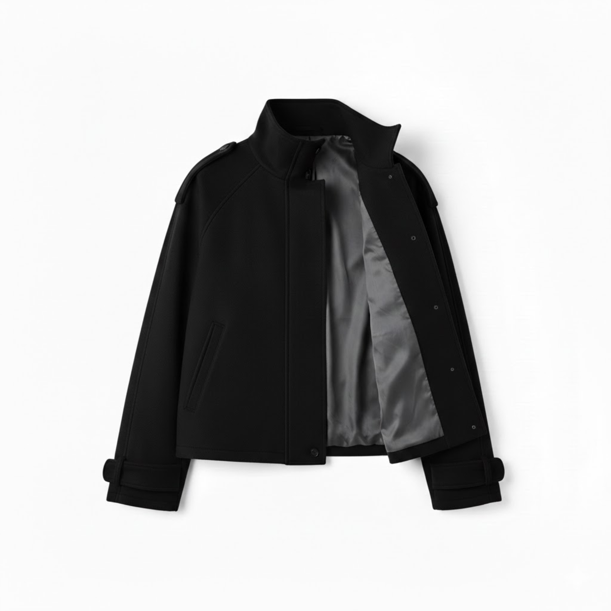 blouson court en laine noir pour femme, vue de face