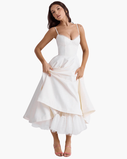 Robe Midi Corset Femme – Coupe Cintrée & Évasée | Cérémonie & Invitée Mariage Chic