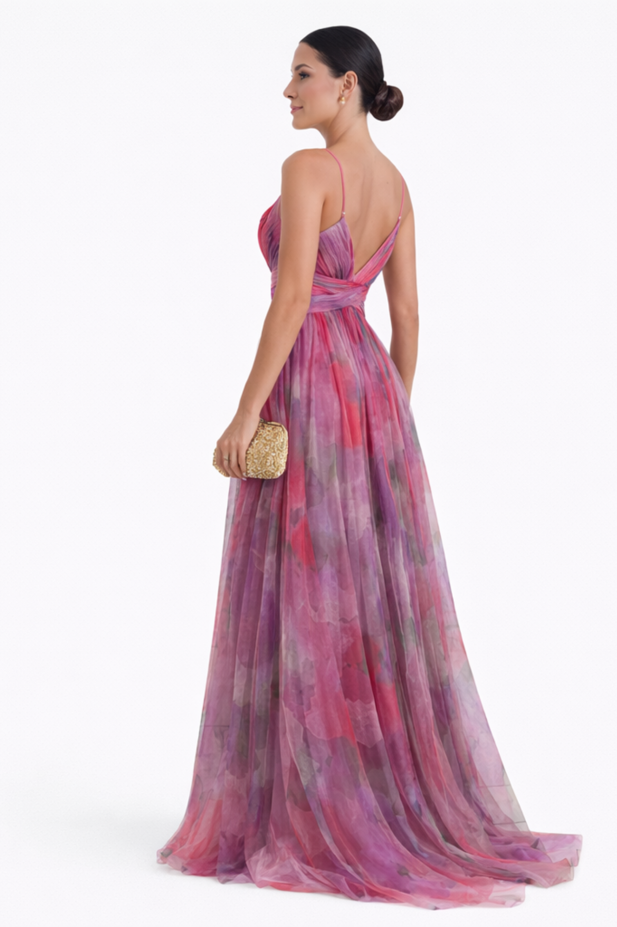 Robe longue élégante femme décolleté v bretelles fines robe soirée fluide imprimé violet