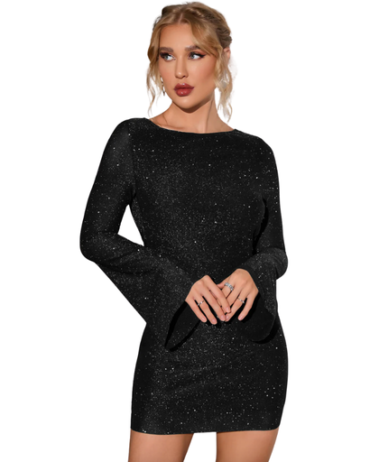 Robe pailletée femme élégante – Robe fluide avec dos ouvert et manches longues