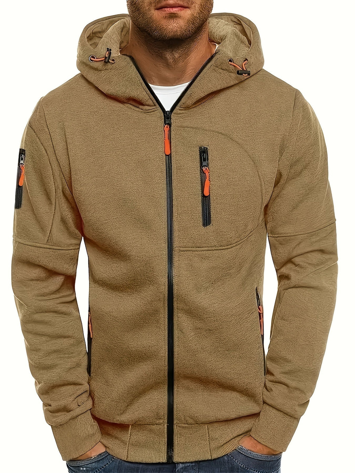 sweat à capuche zippé homme marron, vue de face