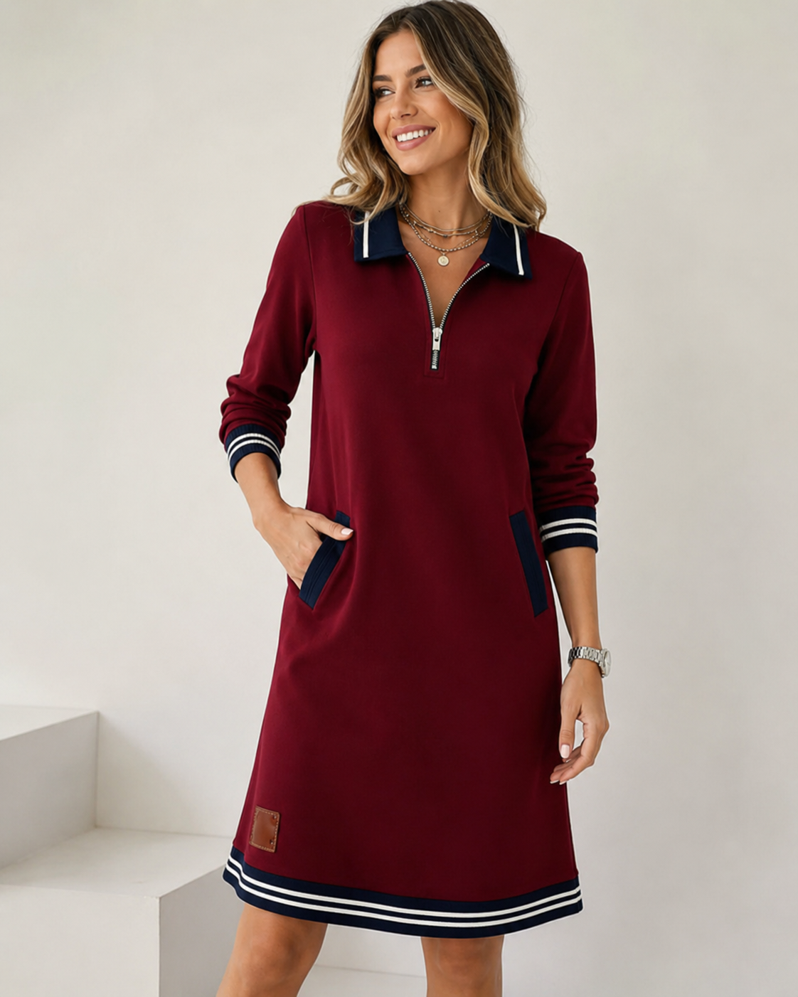 Robe polo zippée à coupe flatteuse, coloris rouge foncé