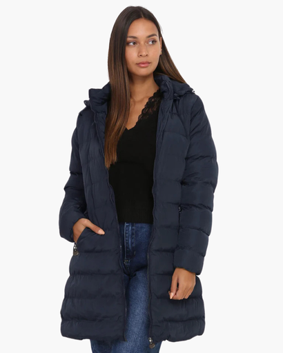 Veste longue matelassée pour femme avec capuche et fermeture éclair