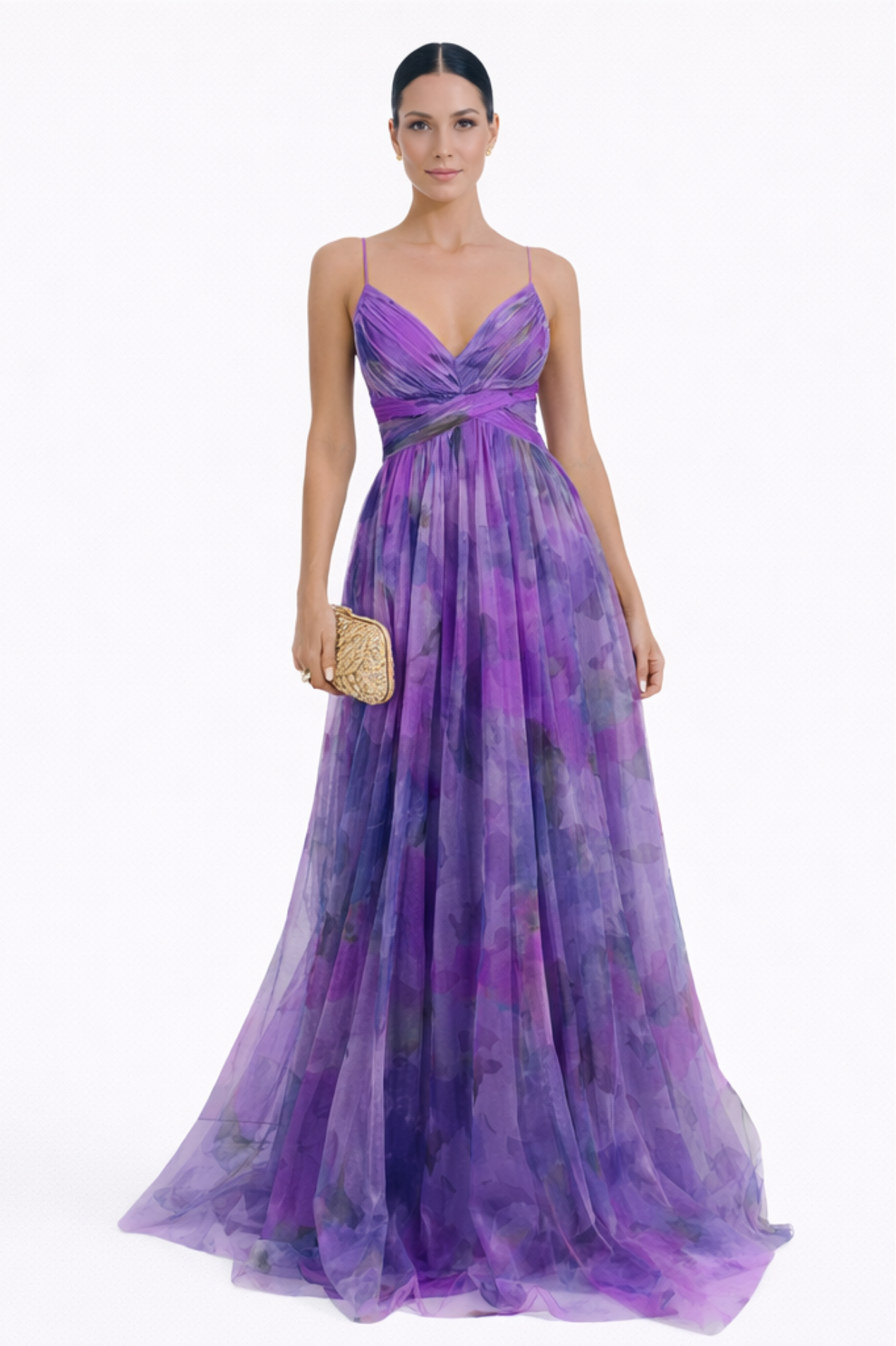 Robe longue élégante femme décolleté v bretelles fines robe soirée fluide imprimé violet