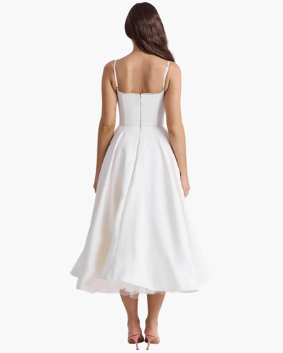 Robe Midi Corset Femme – Coupe Cintrée & Évasée | Cérémonie & Invitée Mariage Chic