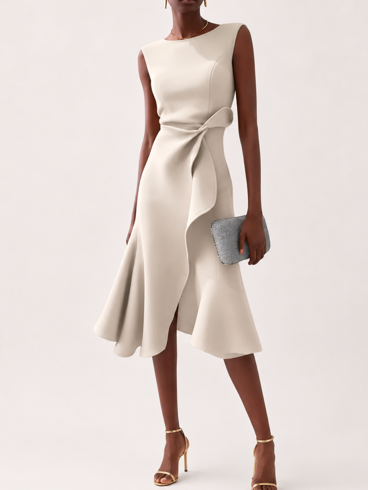 Robe Midi Femme Satinée Drapée – Sans Manches & Évasée | Cérémonie & Invitée Mariage Chic