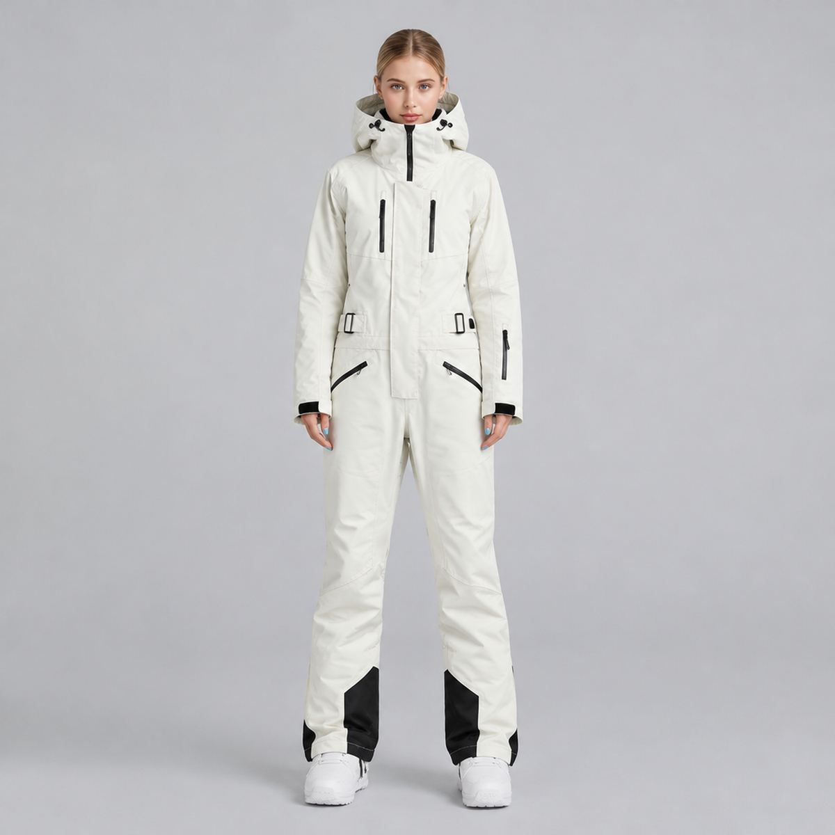 Combinaison de neige unisexe beige à capuche, vue de face debout