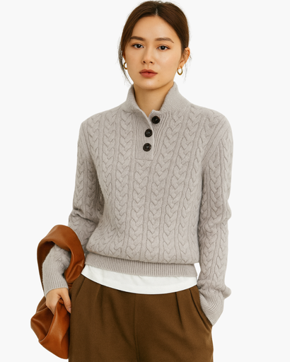 Pull Femme à Motif Câble et Col Montant Boutonné – Élégant et Chaud pour l’Automne/Hiver