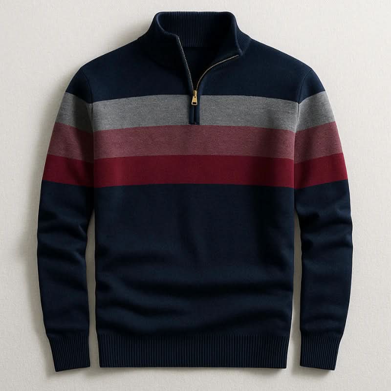Pull rayé marine, col zippé, vue de face