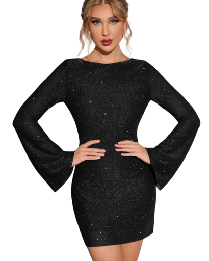 Robe pailletée femme élégante – Robe fluide avec dos ouvert et manches longues