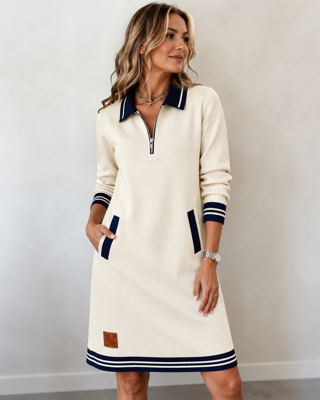 Robe polo zippée à coupe flatteuse, coloris beige blanc