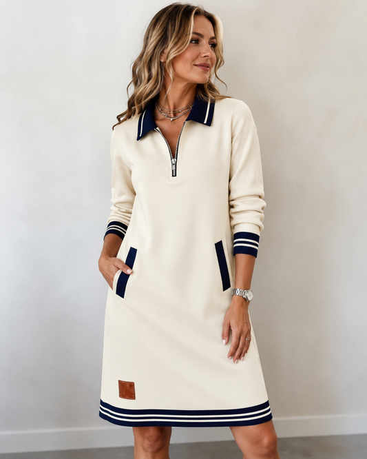 Robe polo zippée à coupe flatteuse, coloris beige blanc