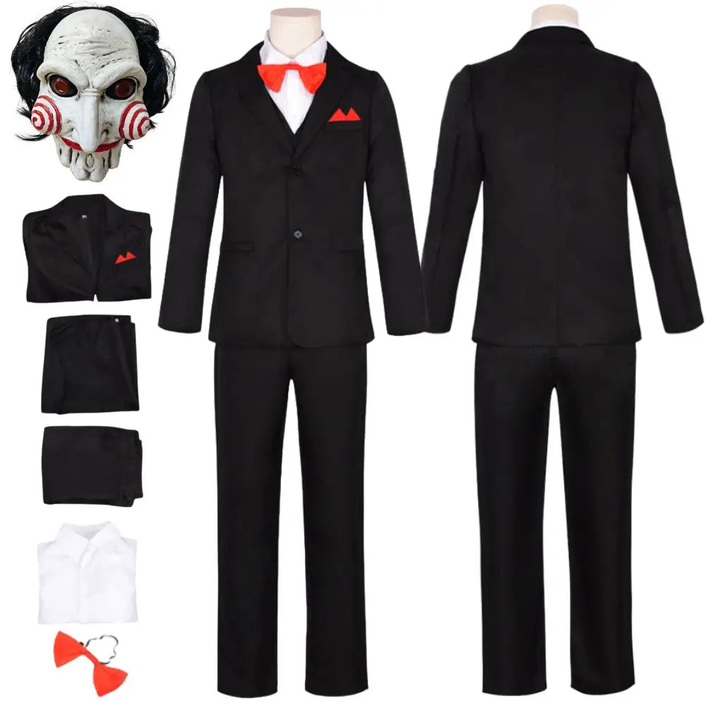 Ensemble complet costume marionnette avec masque, veste, chemise et accessoires