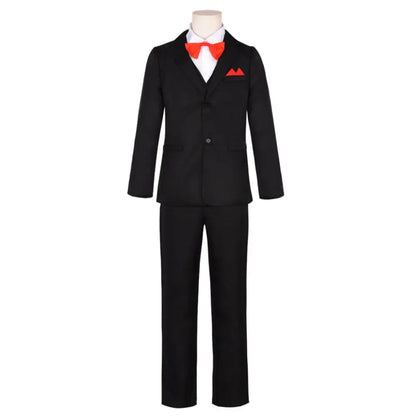 Costume complet noir avec noeud papillon rouge, vue de face