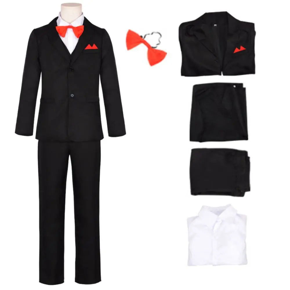 Pièces détaillées du costume : veste, pantalon, chemise et noeud papillon
