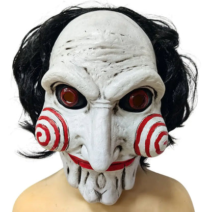 Masque de marionnette effrayant avec cheveux noirs et joues en spirale rouge