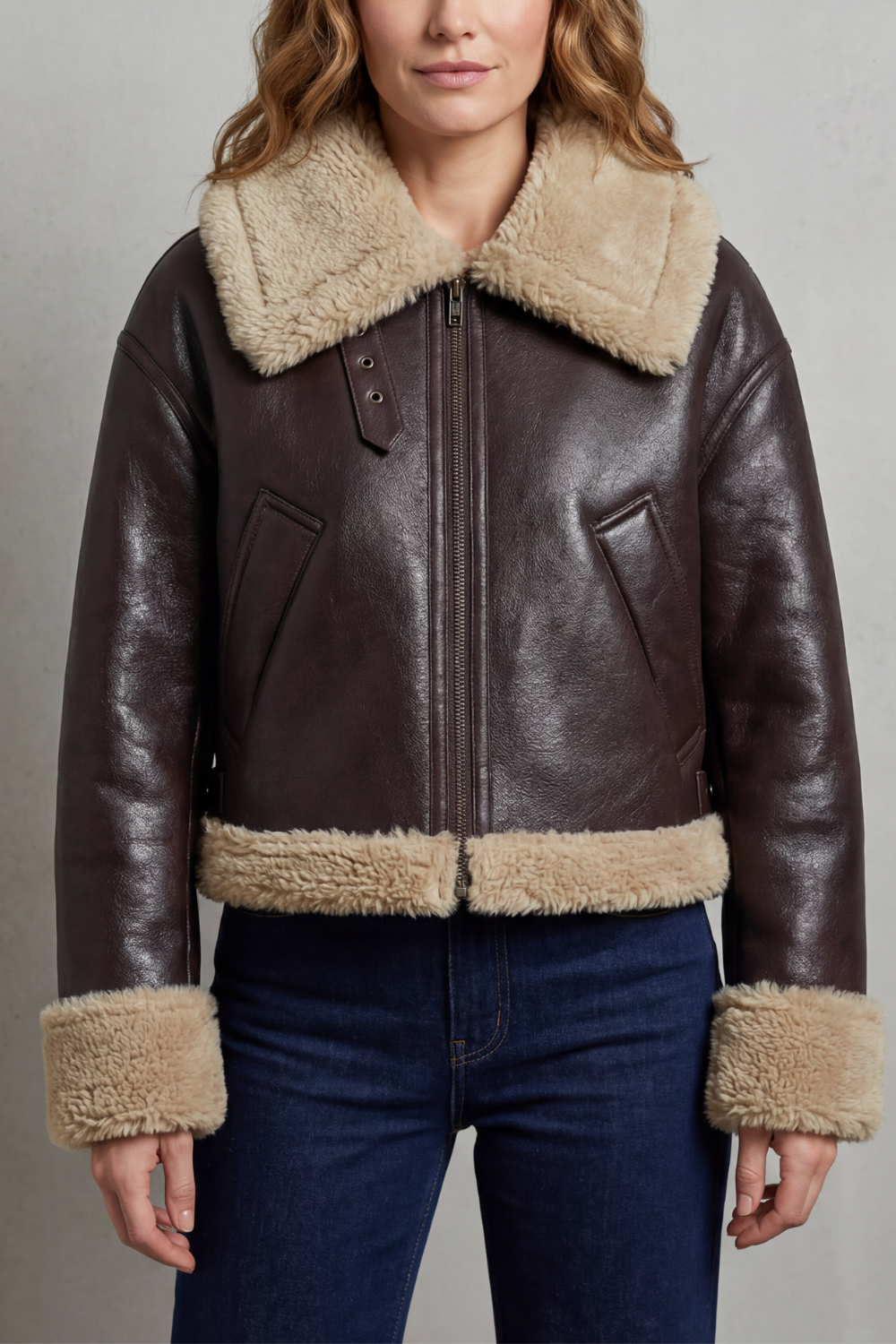 Veste aviateur courte marron foncé, vue de face, polaire réversible