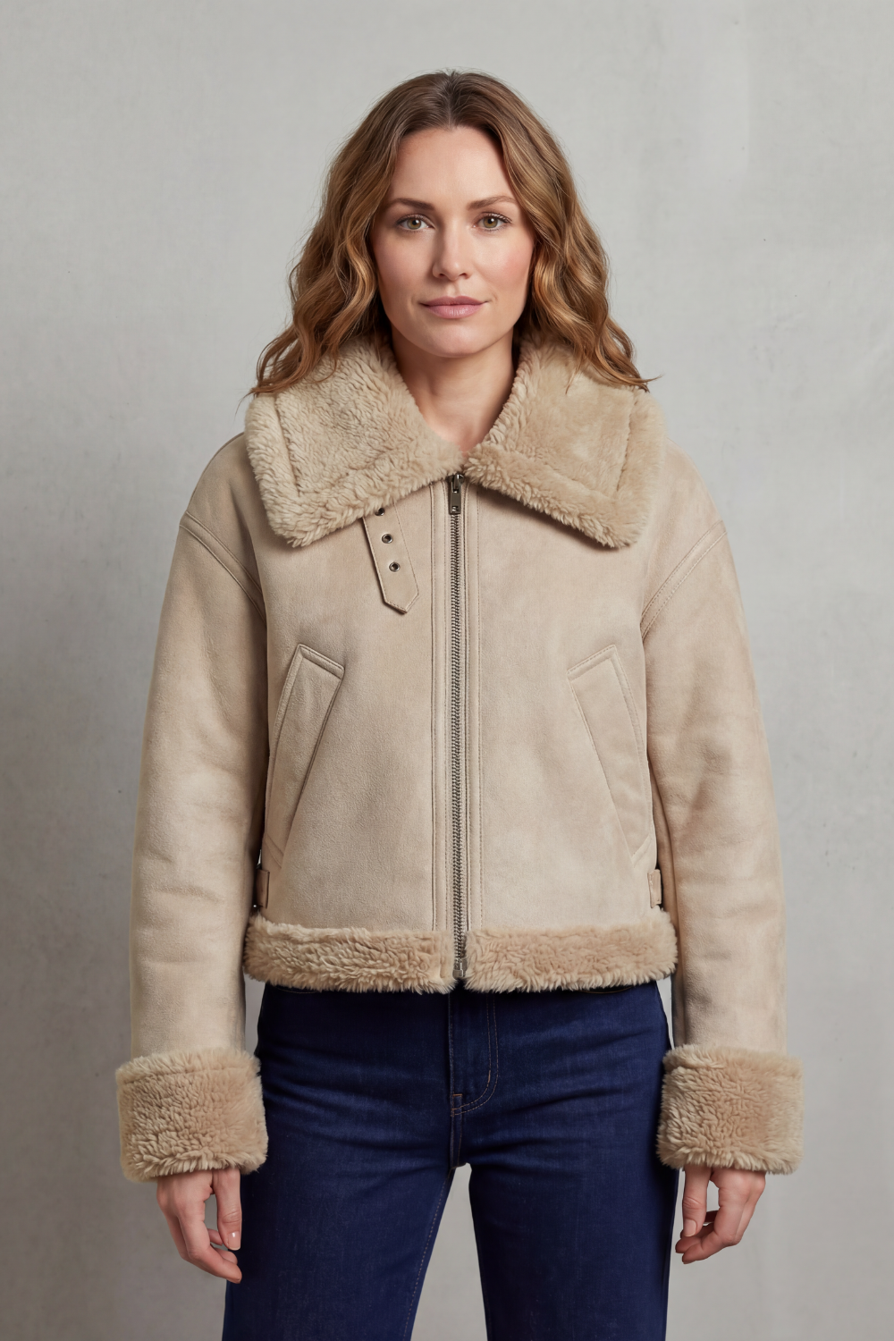 Veste aviateur courte abricot, détail polaire réversible