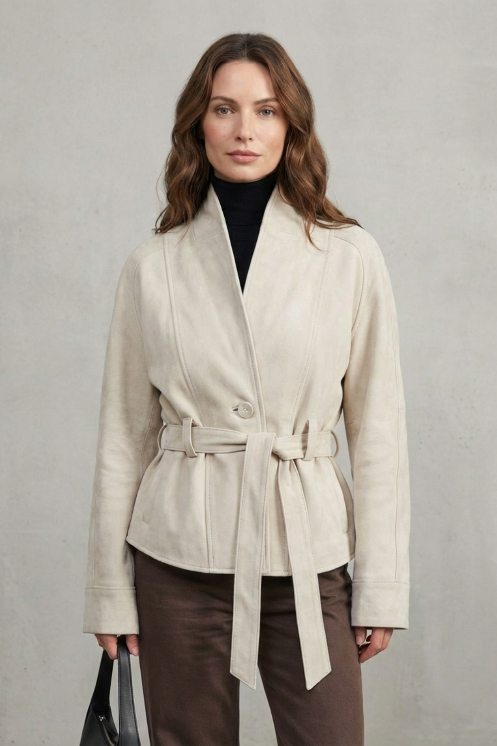 Veste courte en laine croisée, portée avec pull fin et jean taille haute pour un look citadin chic