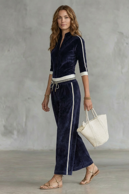 Ensemble velours bleu marine, vue portée pantalon large