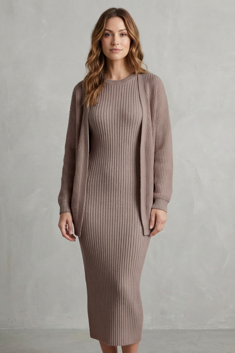 Ensemble robe pull maille côtelée lotus, vue portée