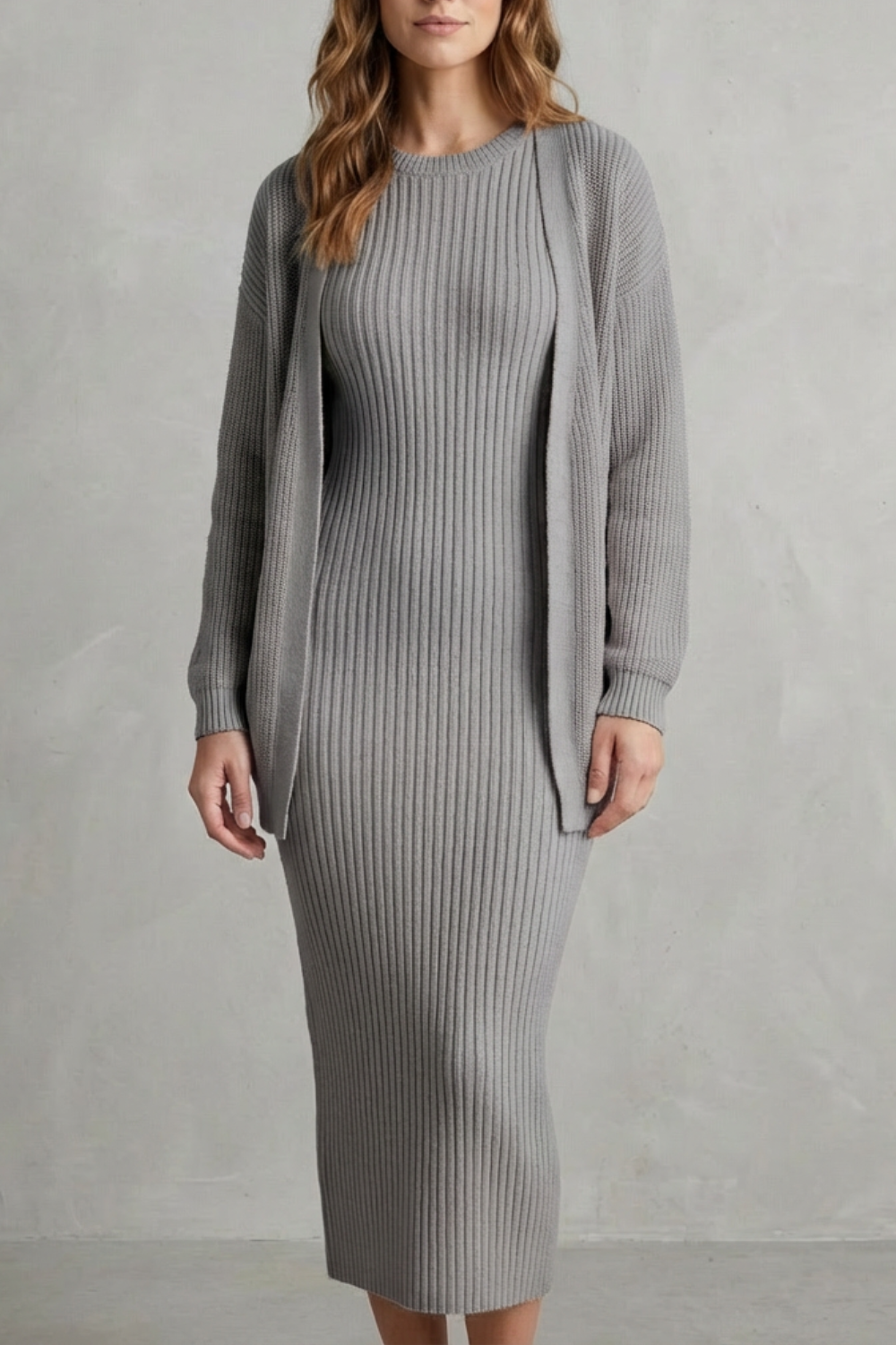 Ensemble robe pull maille côtelée gris, vue de face, avec cardigan