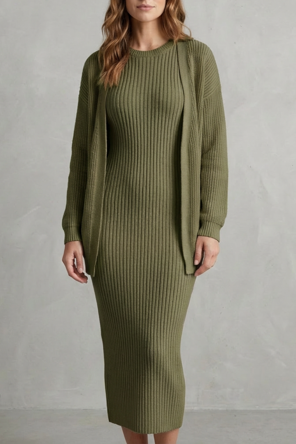 Ensemble robe pull maille côtelée matcha, vue de face, avec cardigan