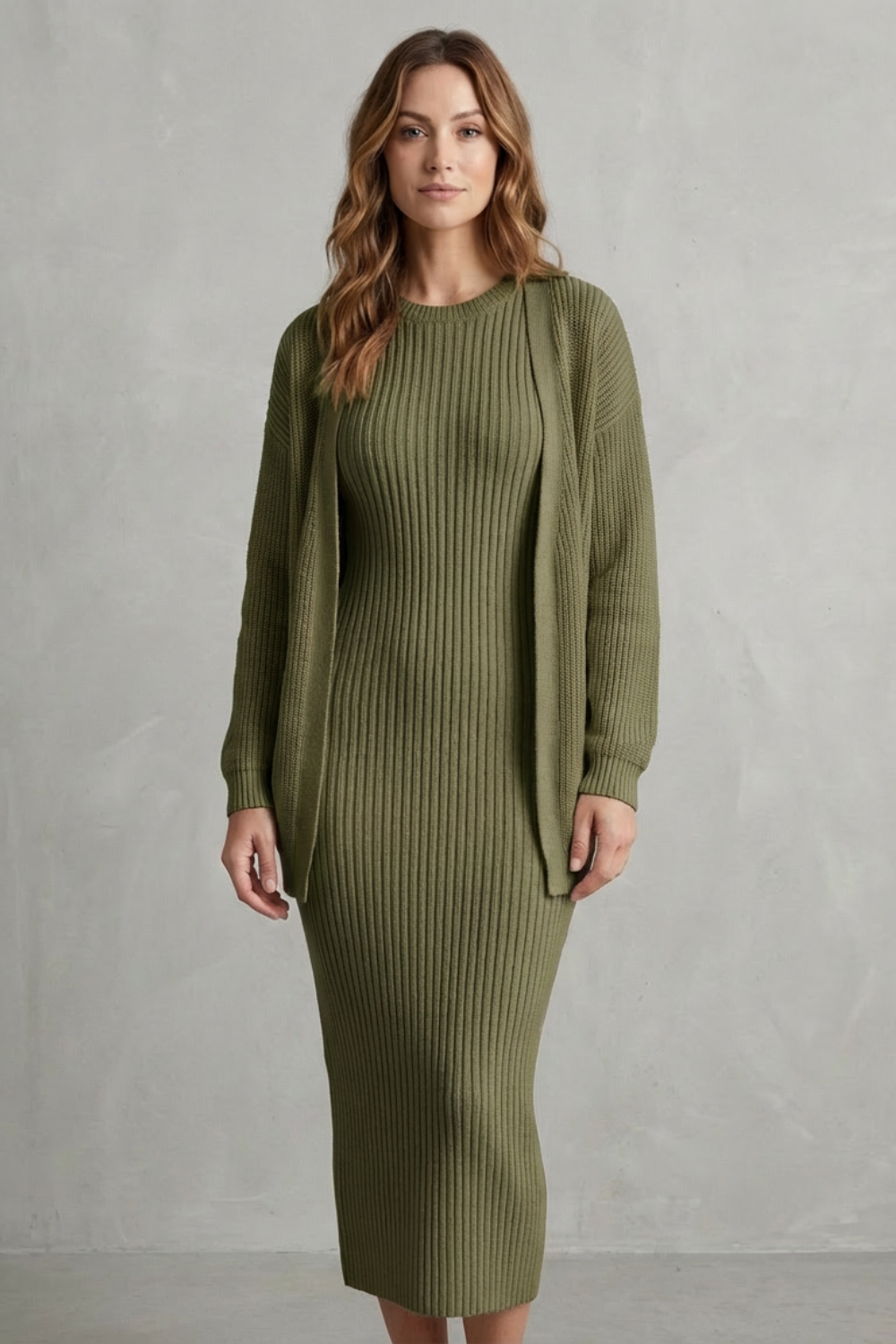 Ensemble robe pull maille côtelée matcha, vue portée