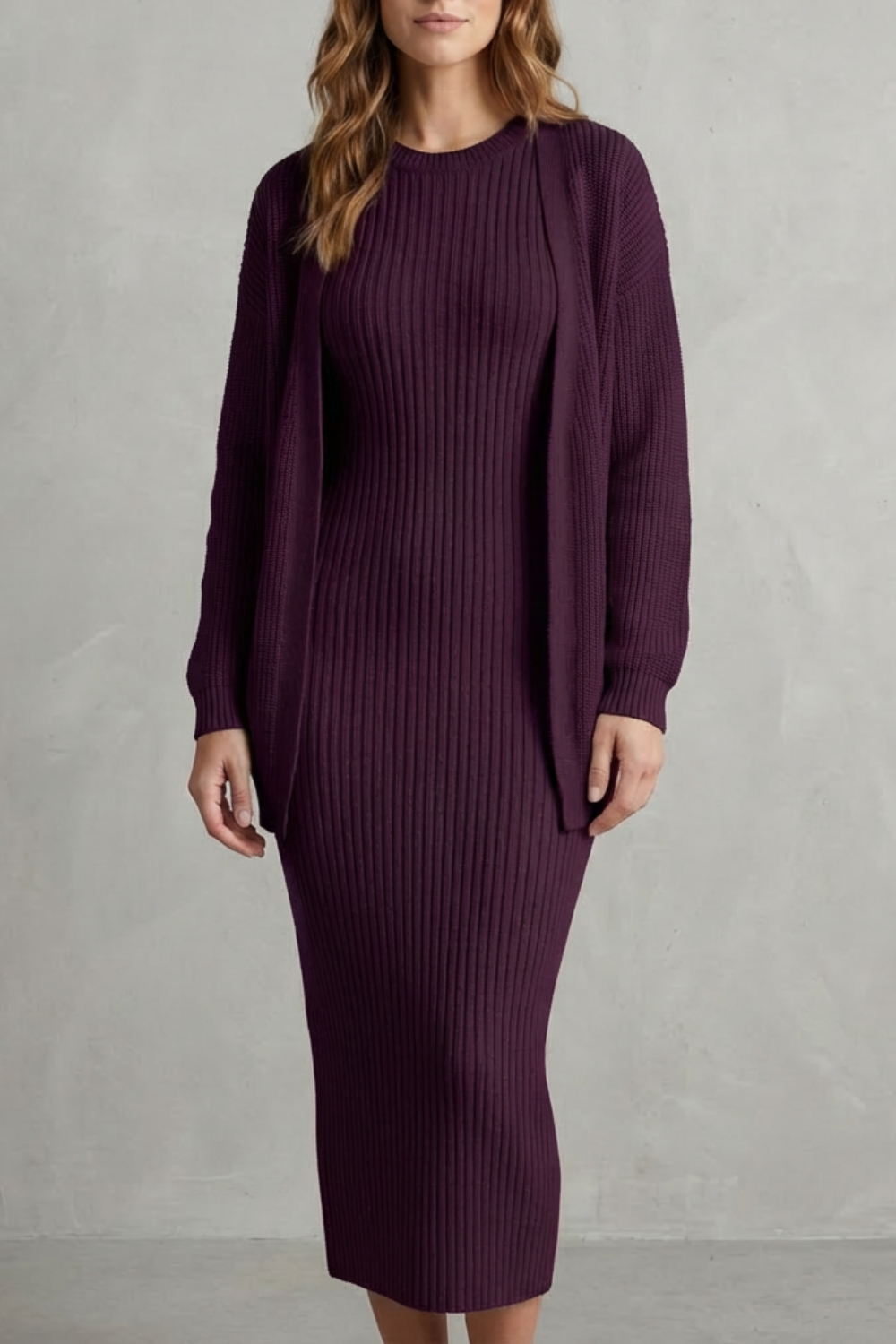 Ensemble robe pull maille côtelée violet, vue de face, avec cardigan