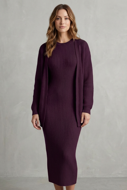 Ensemble robe pull maille côtelée violet, vue portée