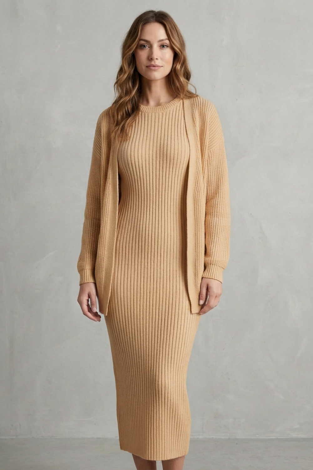 Ensemble robe pull maille côtelée blé, vue portée