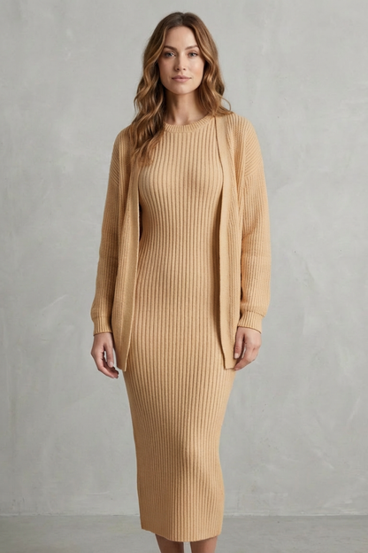 Ensemble robe pull maille côtelée blé, vue portée