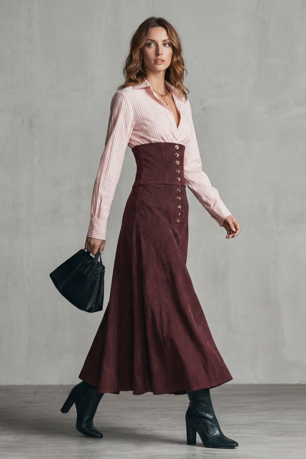 Jupe maxi rouge profond taille corset, détail boutonnage