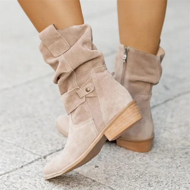bottines femme aspect daim à talon bois, coloris beige
