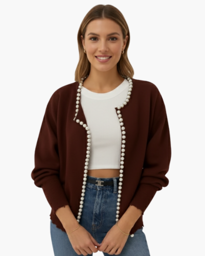 Cardigan Femme Élégant – Finition Perles & Manches Longues | Style Chic