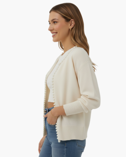Cardigan Femme Élégant – Finition Perles & Manches Longues | Style Chic