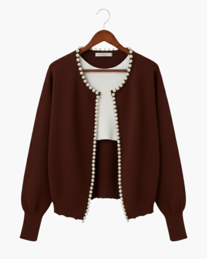Cardigan Femme Élégant – Finition Perles & Manches Longues | Style Chic