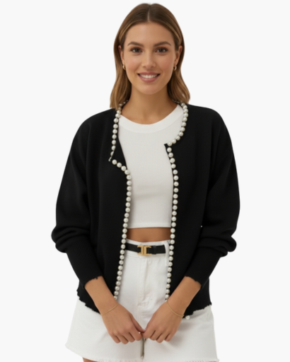 Cardigan Femme Élégant – Finition Perles & Manches Longues | Style Chic