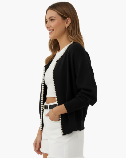 Cardigan Femme Élégant – Finition Perles & Manches Longues | Style Chic