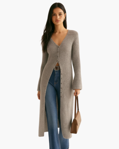 Cardigan Long Femme Col V Profond Laine Douce – Style Chic & Élégant | Automne Hiver