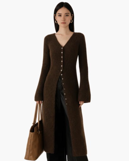 Cardigan long femme col V, détail des boutons
