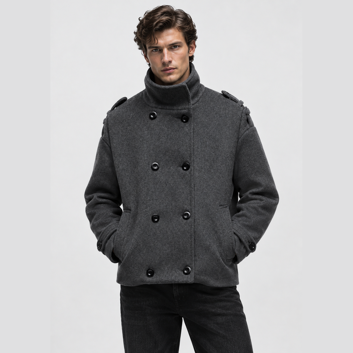 Manteau caban homme gris anthracite, vue de face