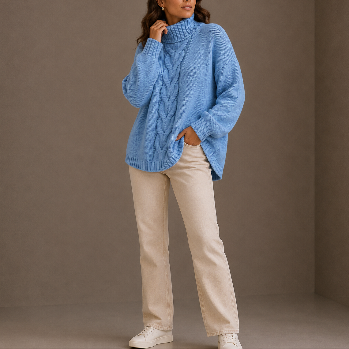 Pull torsadé oversize col roulé, coloris bleu